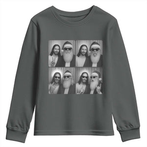 Funny Bigfoot Photobooth Christmas Youth Sweatshirt Sasquatch Jesus Christian Xmas TS14 Dark Heather Print Your Wear