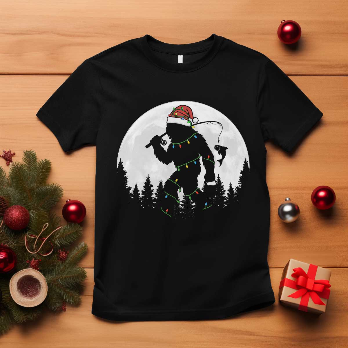 Funny Bigfoot Fishing Christmas T Shirt Sasquatch Moon Fisherman TS14 Black Print Your Wear