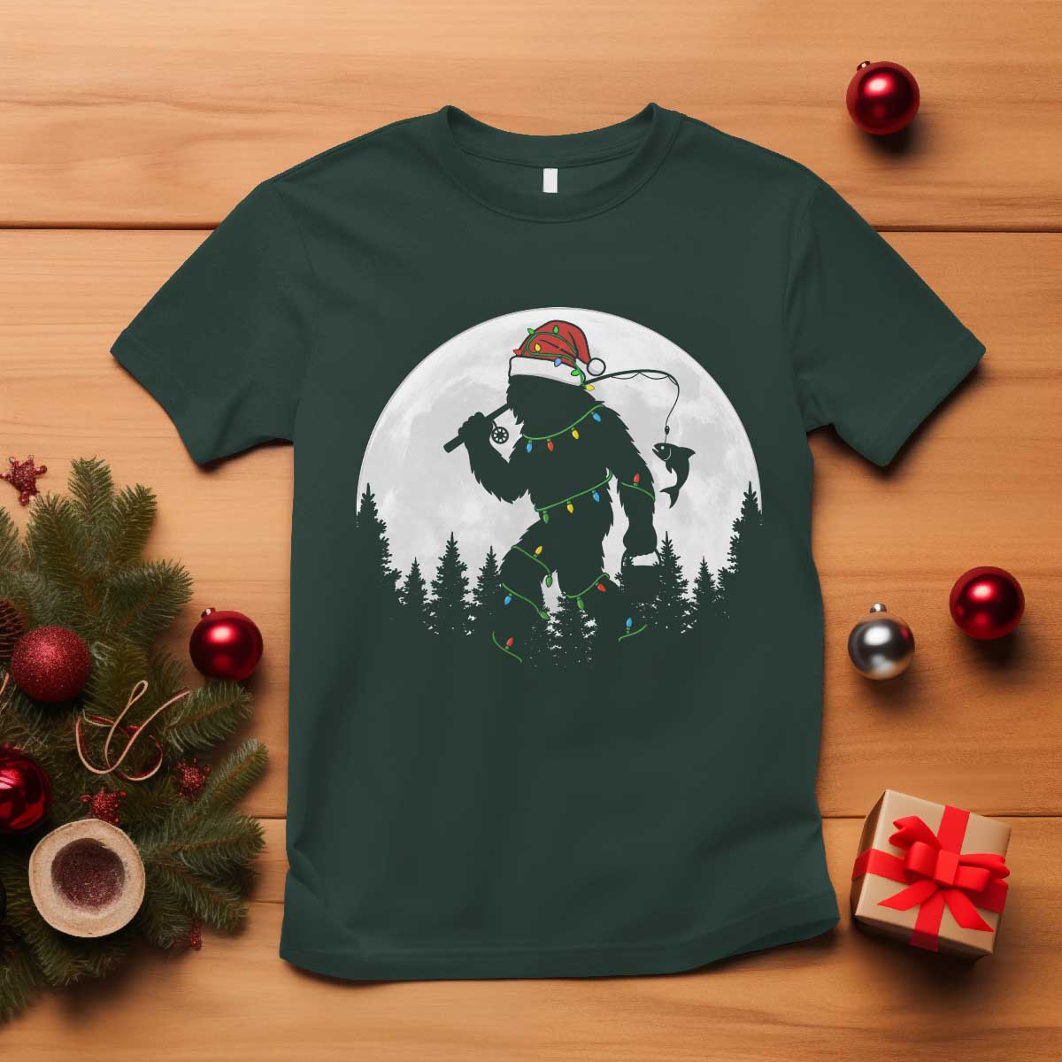 Funny Bigfoot Fishing Christmas T Shirt Sasquatch Moon Fisherman TS14 Dark Forest Green Print Your Wear
