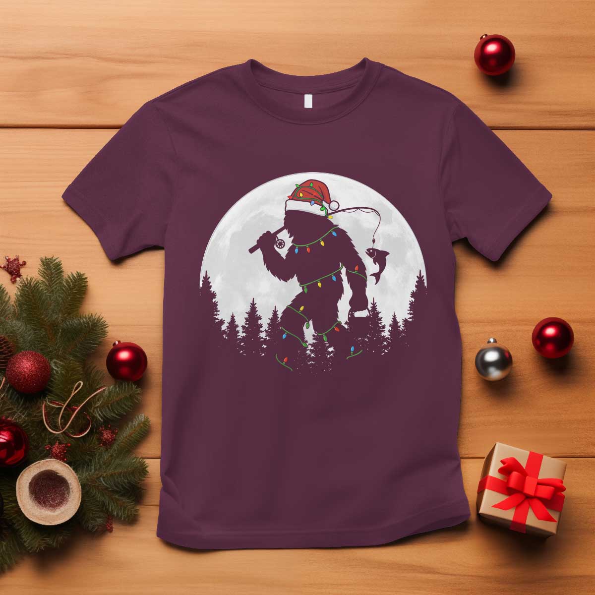 Funny Bigfoot Fishing Christmas T Shirt Sasquatch Moon Fisherman TS14 Maroon Print Your Wear