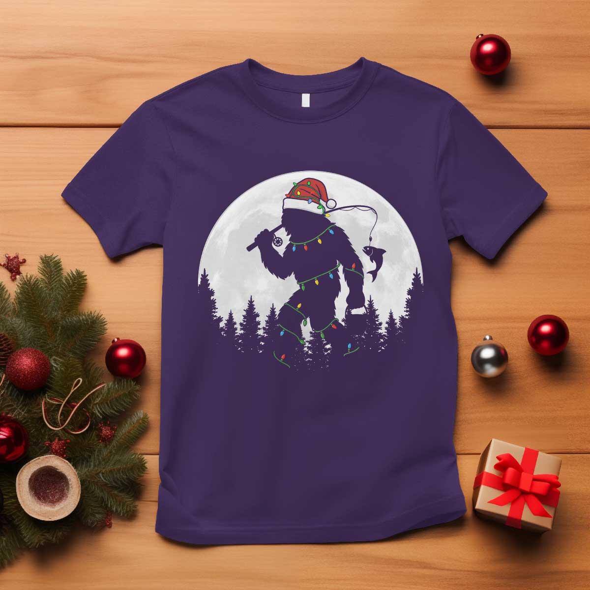 Funny Bigfoot Fishing Christmas T Shirt Sasquatch Moon Fisherman TS14 Purple Print Your Wear