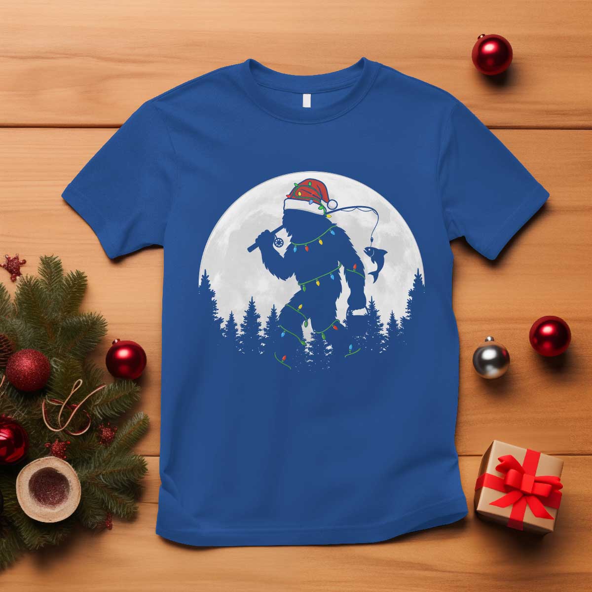 Funny Bigfoot Fishing Christmas T Shirt Sasquatch Moon Fisherman TS14 Royal Blue Print Your Wear