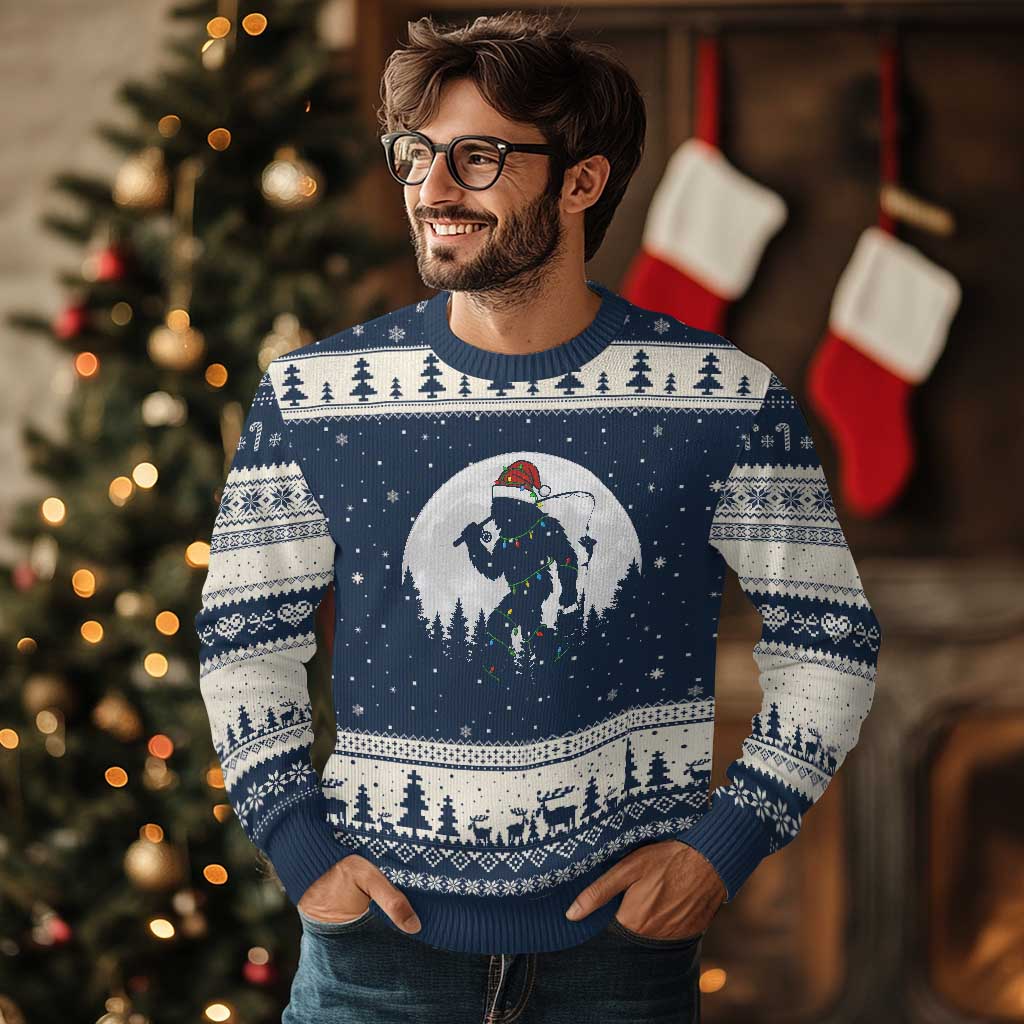 Funny Bigfoot Fishing Xmas Ugly Christmas Sweater Sasquatch Moon Fisherman TS14 Navy Beige Print Your Wear