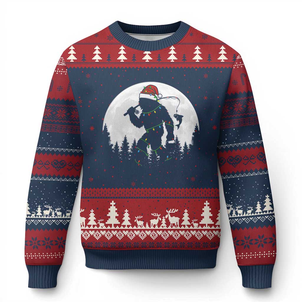 Funny Bigfoot Fishing Xmas Ugly Christmas Sweater Sasquatch Moon Fisherman TS14 Navy Red Print Your Wear