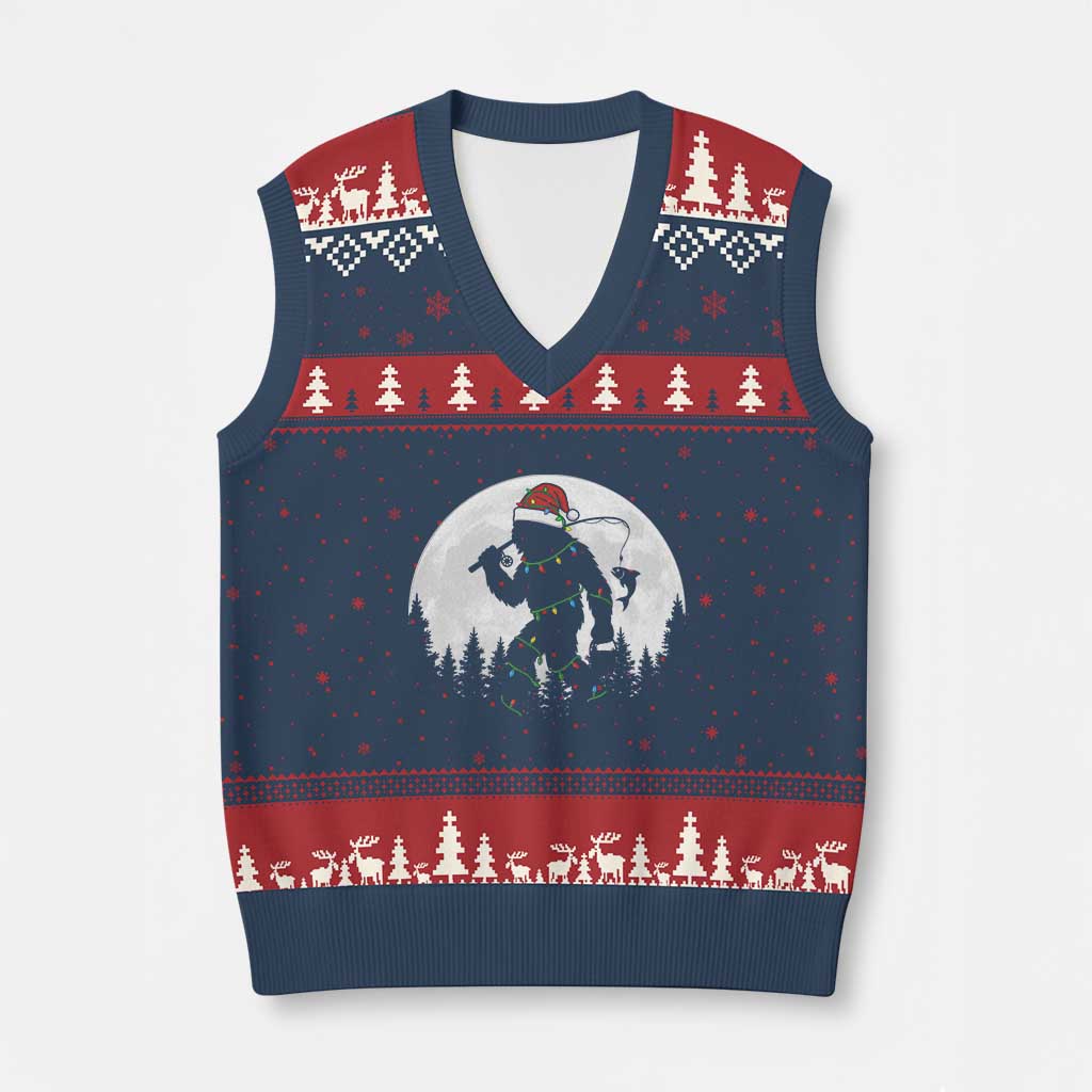 Funny Bigfoot Fishing Xmas V-Neck Knit Sweater Vest Sasquatch Moon Fisherman TS14 Navy Red Print Your Wear