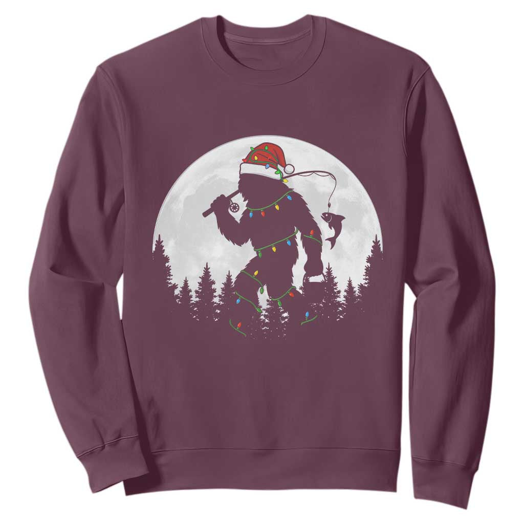 Funny Bigfoot Fishing Christmas Sweatshirt Sasquatch Moon Fisherman TS14 Maroon Print Your Wear
