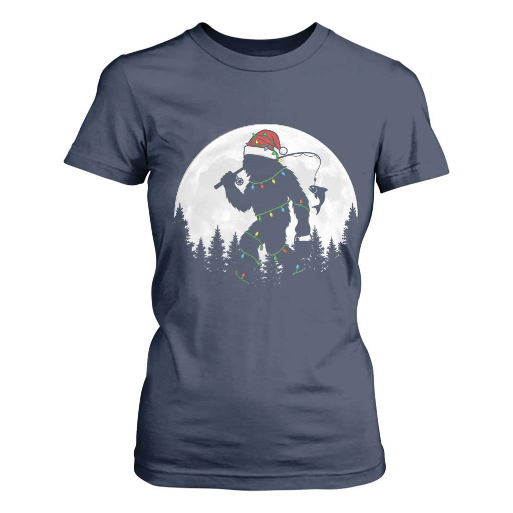 Funny Bigfoot Fishing Christmas T Shirt For Women Sasquatch Moon Fisherman TS14 Navy Print Your Wear