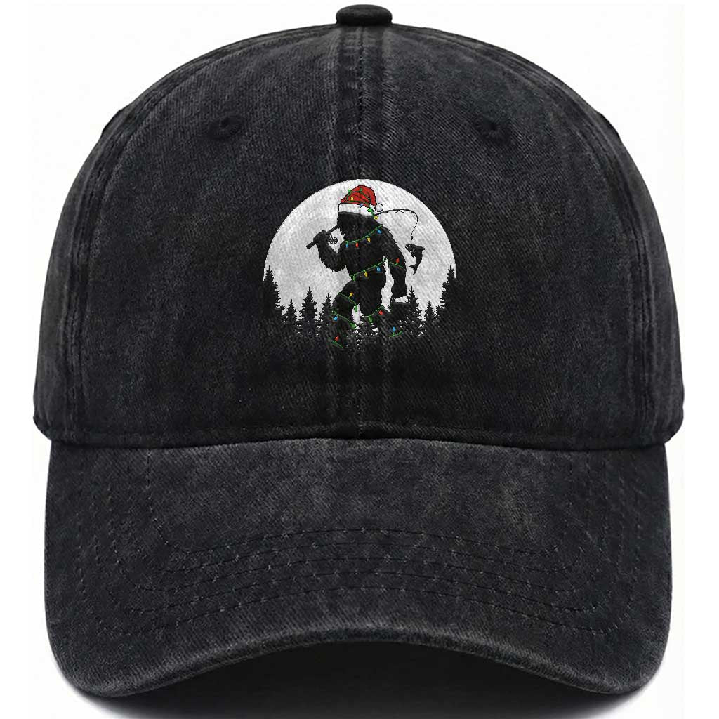 Funny Bigfoot Fishing Christmas Washed Cotton Baseball Cap Sasquatch Moon Fisherman TS14 Washed Cap Universal Fit Black Print Your Wear