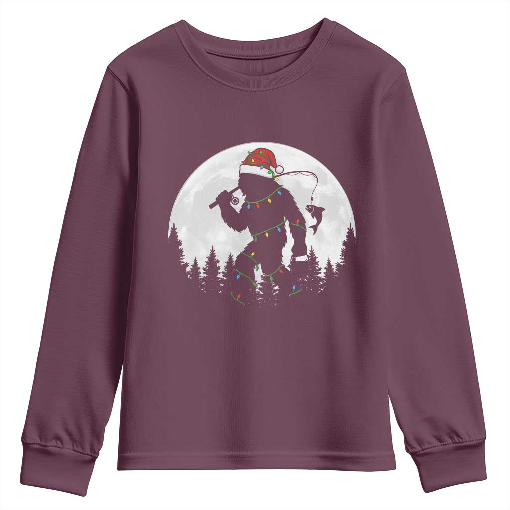 Funny Bigfoot Fishing Christmas Youth Sweatshirt Sasquatch Moon Fisherman TS14 Maroon Print Your Wear