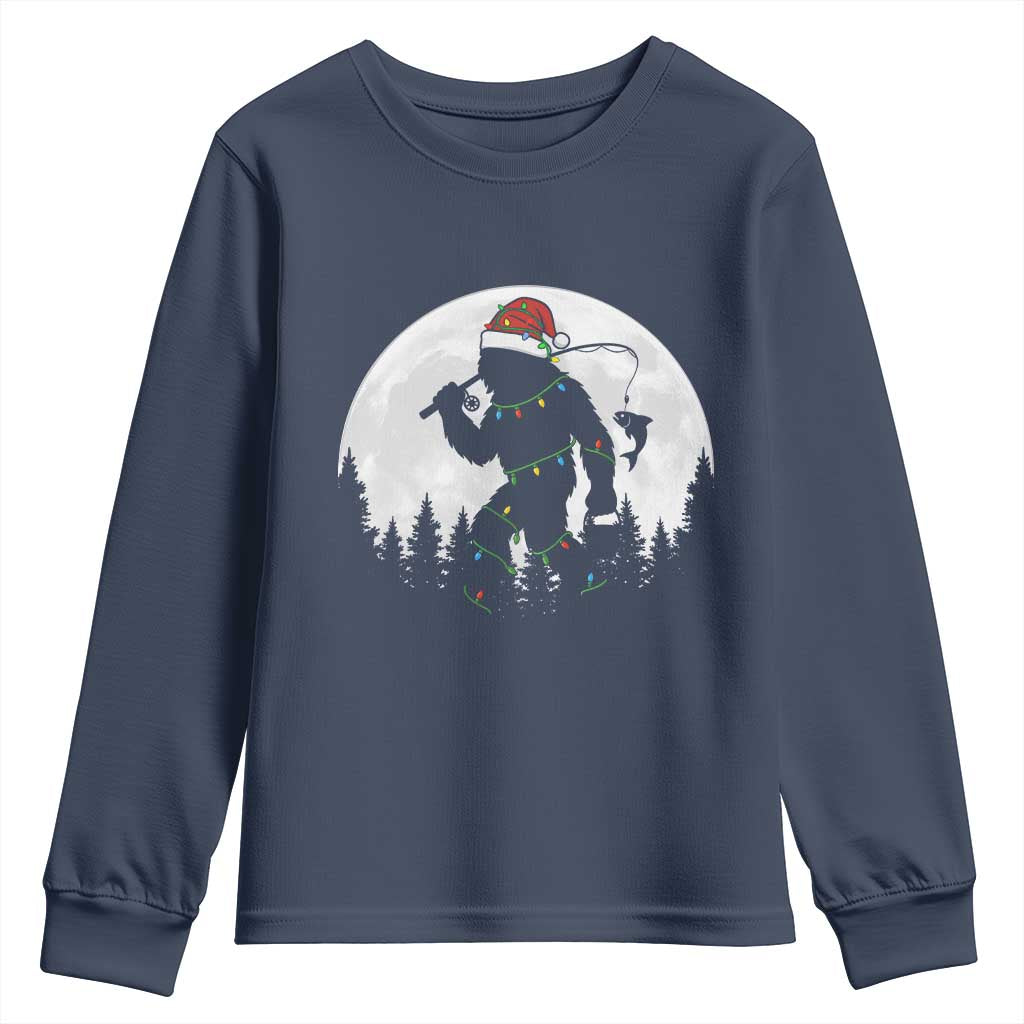 Funny Bigfoot Fishing Christmas Youth Sweatshirt Sasquatch Moon Fisherman TS14 Navy Print Your Wear