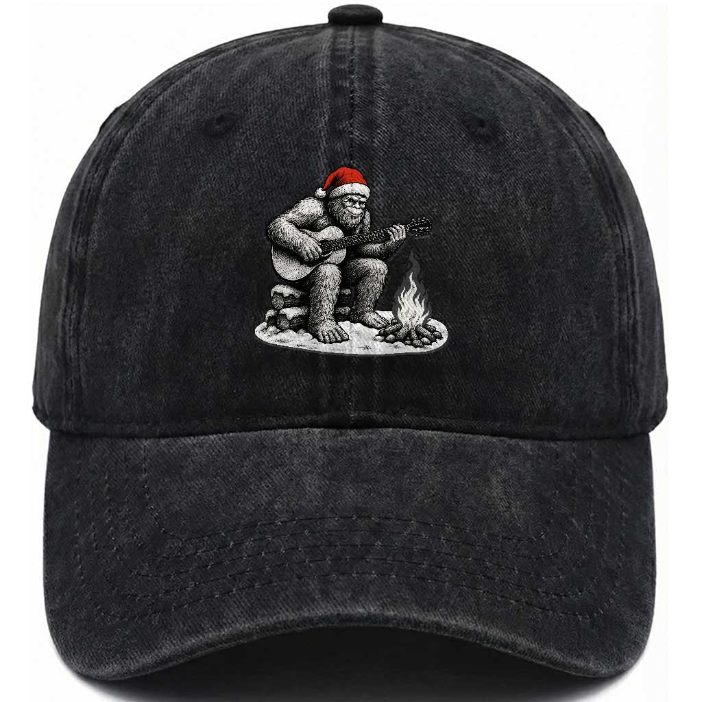 Bigfoot Guitar Christmas Washed Cotton Baseball Cap Sasquatch Guitarist Music Xmas TS14 Washed Cap Universal Fit Black Print Your Wear