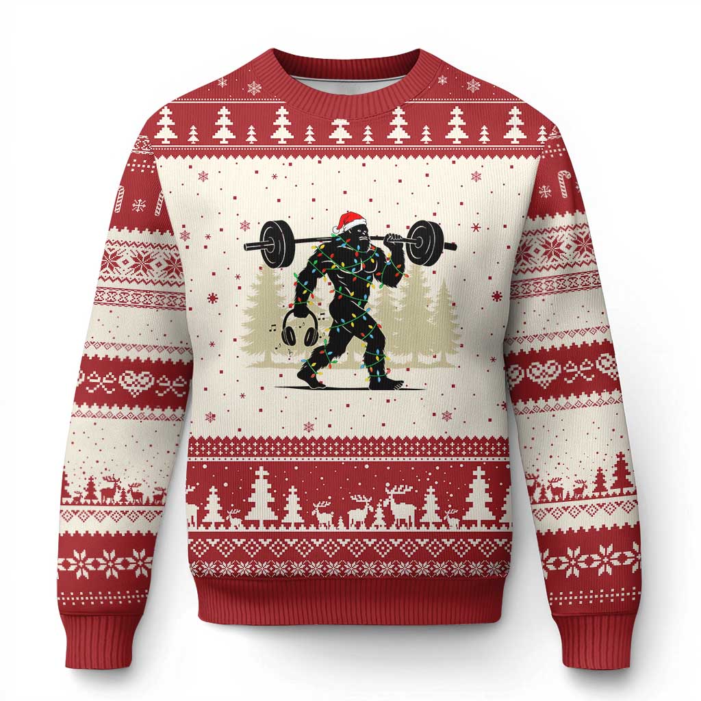 Bigfoot Gym Xmas Ugly Christmas Sweater Funny Sasquatch Bodybuilding Weightlifting TS14 Beige Red Print Your Wear