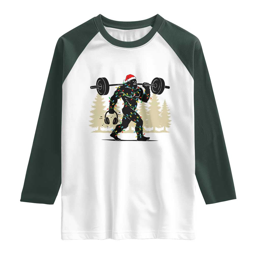 Bigfoot Gym Christmas Raglan Shirt Funny Sasquatch Bodybuilding Weightlifting TS14 White Dark Forest Green Print Your Wear