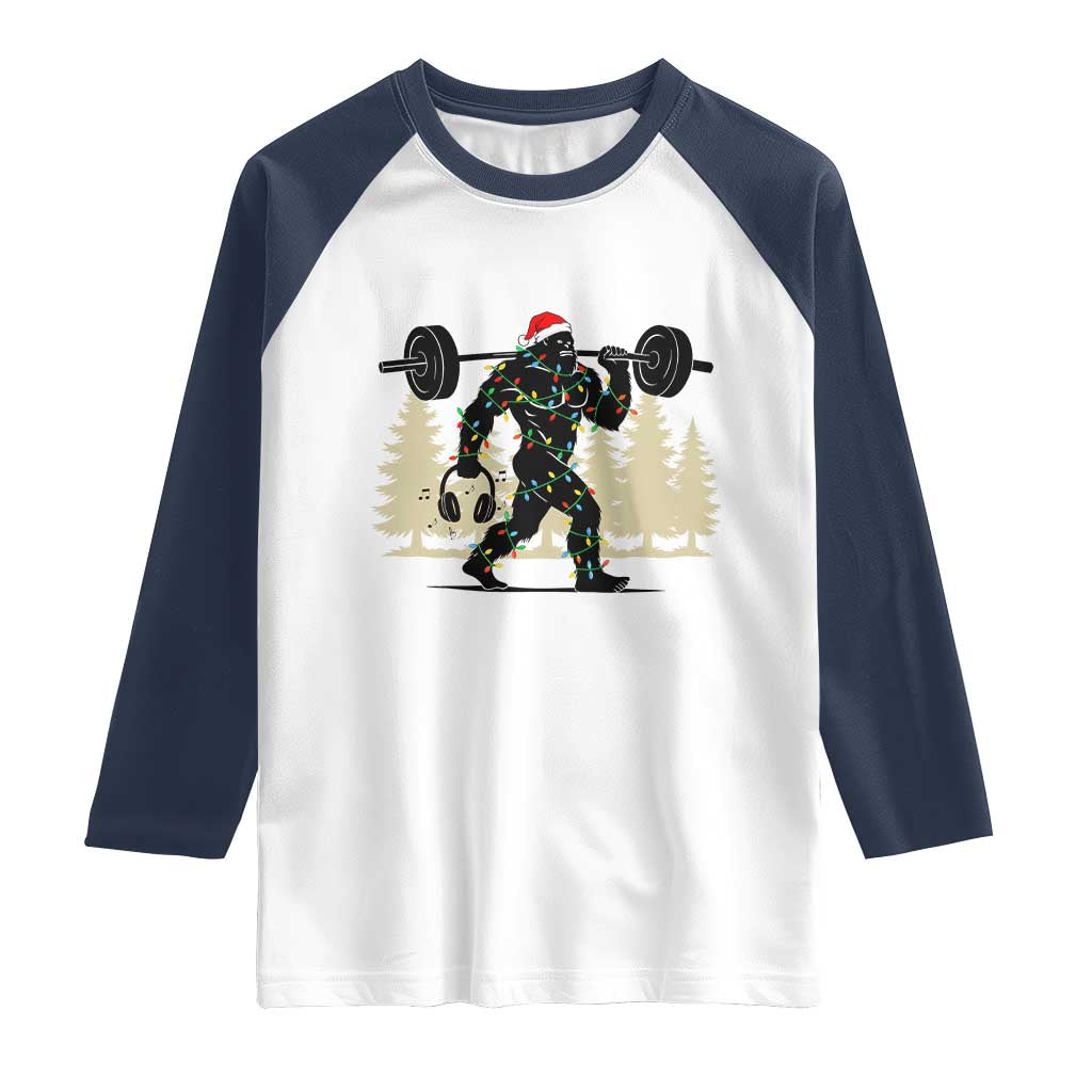 Bigfoot Gym Christmas Raglan Shirt Funny Sasquatch Bodybuilding Weightlifting TS14 White Navy Print Your Wear