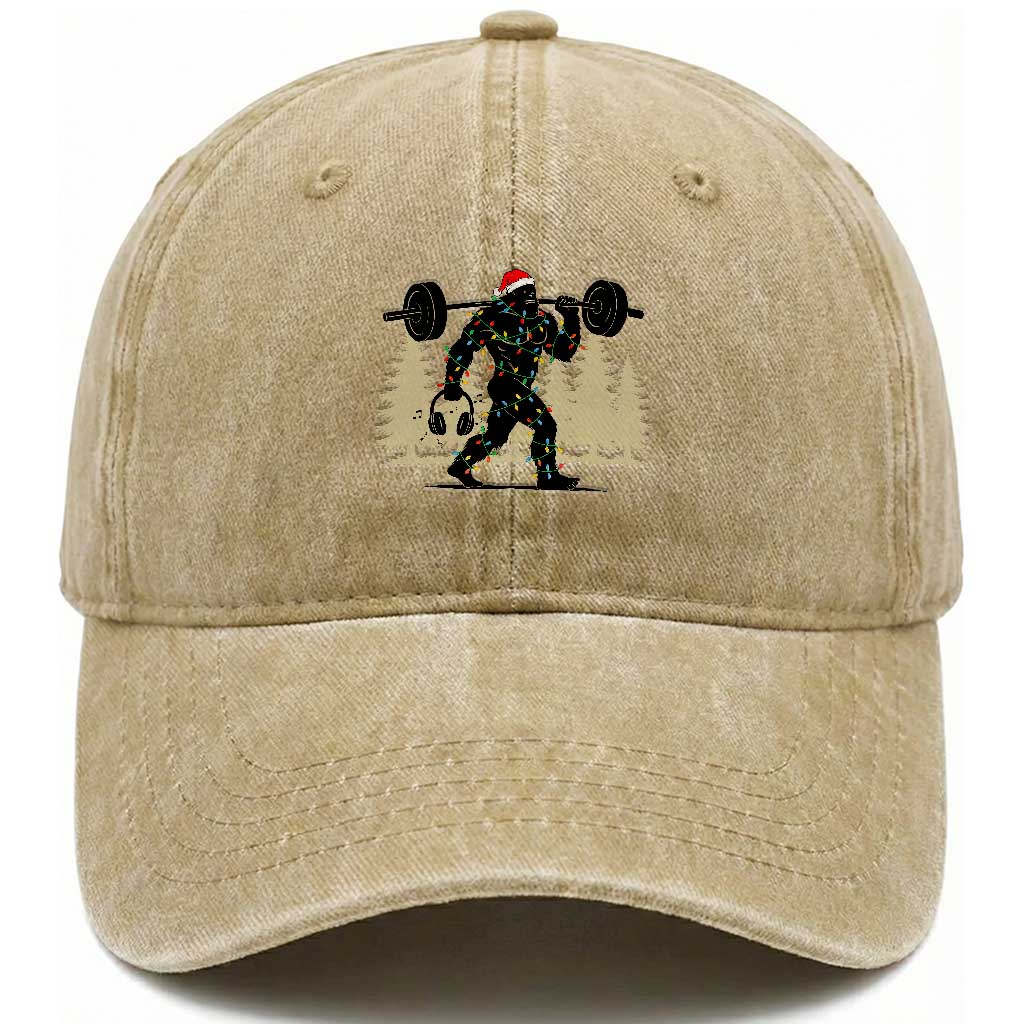 Bigfoot Gym Christmas Washed Cotton Baseball Cap Funny Sasquatch Bodybuilding Weightlifting TS14 Washed Cap Universal Fit Khaki Print Your Wear