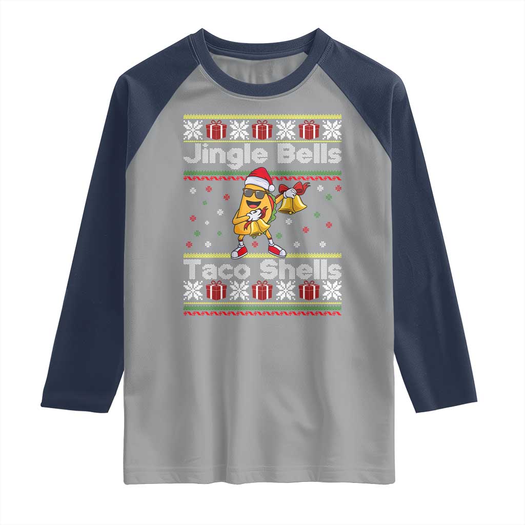 Funny Taco Christmas Raglan Shirt Jigle Bells Taco Shells TS14 Sport Gray Navy Print Your Wear