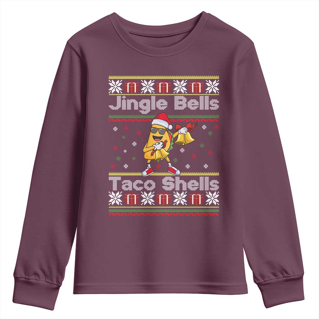 Funny Taco Christmas Youth Sweatshirt Jigle Bells Taco Shells TS14 Maroon Print Your Wear