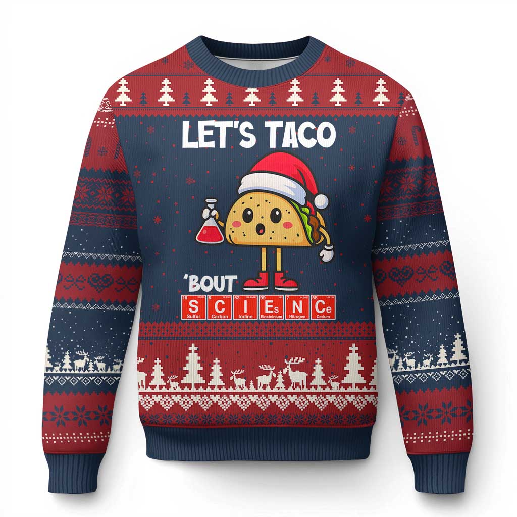 Funny Taco Mexican Xmas Ugly Christmas Sweater Let Us Taco About Science TS14 Navy Red Print Your Wear