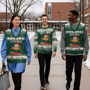 Funny Taco Mexican Xmas V-Neck Knit Sweater Vest Let Us Taco About Science TS14 Forest Green Beige Print Your Wear