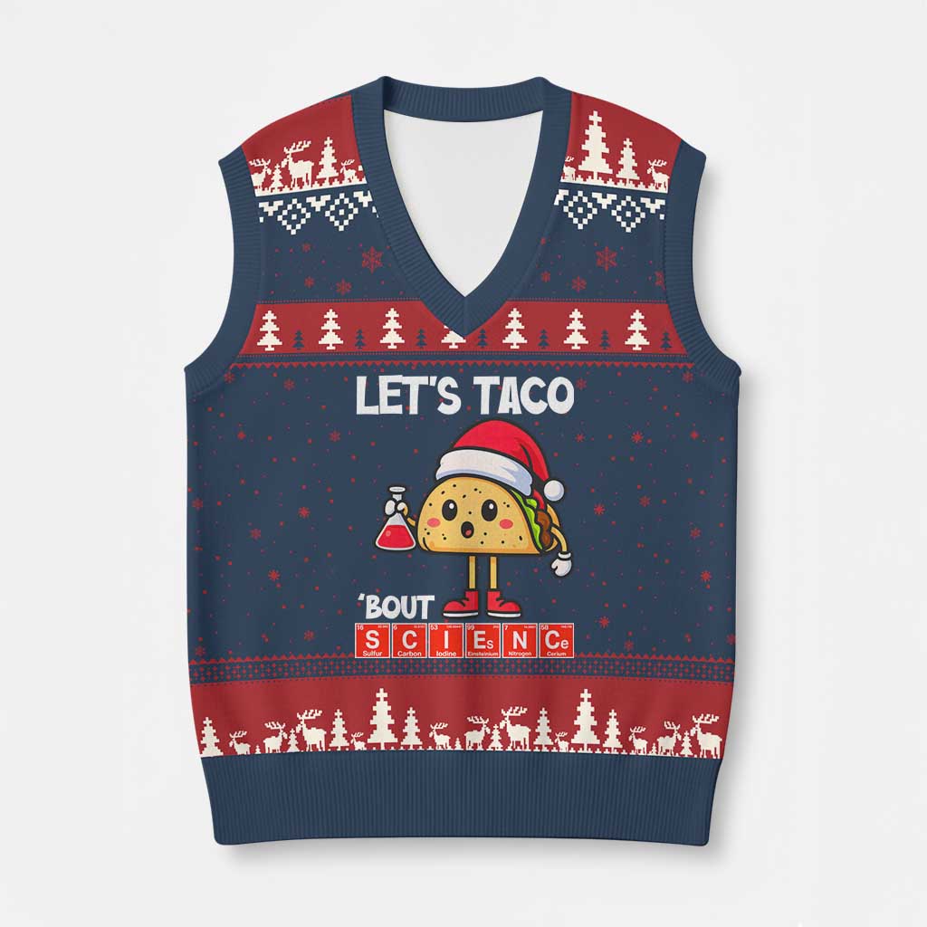 Funny Taco Mexican Xmas V-Neck Knit Sweater Vest Let Us Taco About Science TS14 Navy Red Print Your Wear