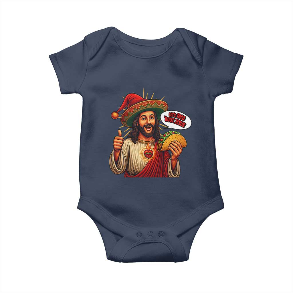 Funny Jesus Taco Mexican Baby Onesie Let Us Taco About Jesus TS14 Navy Print Your Wear