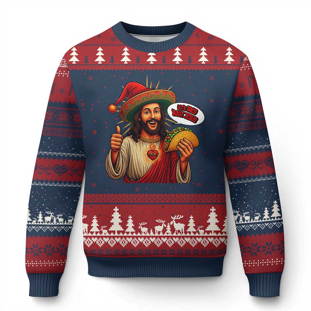Funny Jesus Taco Mexican Ugly Christmas Sweater Let Us Taco About Jesus TS14 Navy Red Print Your Wear