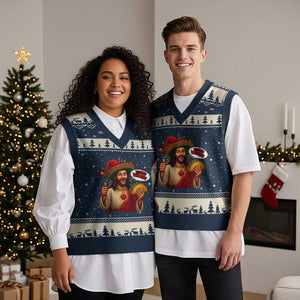 Funny Jesus Taco Mexican V-Neck Knit Sweater Vest Let Us Taco About Jesus TS14 Navy Beige Print Your Wear