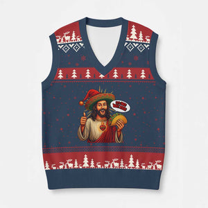 Funny Jesus Taco Mexican V-Neck Knit Sweater Vest Let Us Taco About Jesus TS14 Navy Red Print Your Wear