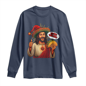 Funny Jesus Taco Mexican Long Sleeve Shirt Let Us Taco About Jesus TS14 Navy Print Your Wear