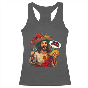 Funny Jesus Taco Mexican Racerback Tank Top Let Us Taco About Jesus - Print Your Wear