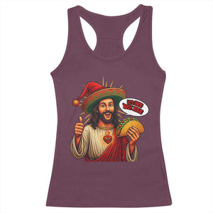Funny Jesus Taco Mexican Racerback Tank Top Let Us Taco About Jesus - Print Your Wear