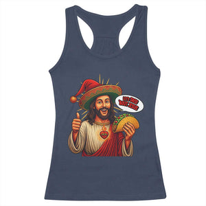 Funny Jesus Taco Mexican Racerback Tank Top Let Us Taco About Jesus - Print Your Wear