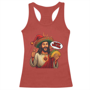 Funny Jesus Taco Mexican Racerback Tank Top Let Us Taco About Jesus - Print Your Wear
