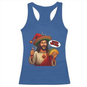 Funny Jesus Taco Mexican Racerback Tank Top Let Us Taco About Jesus - Print Your Wear