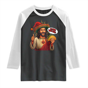Funny Jesus Taco Mexican Raglan Shirt Let Us Taco About Jesus - Print Your Wear
