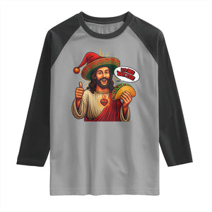 Funny Jesus Taco Mexican Raglan Shirt Let Us Taco About Jesus - Print Your Wear