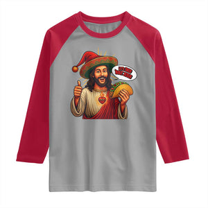 Funny Jesus Taco Mexican Raglan Shirt Let Us Taco About Jesus TS14 Sport Gray Red Print Your Wear