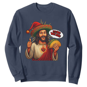 Funny Jesus Taco Mexican Sweatshirt Let Us Taco About Jesus TS14 Navy Print Your Wear