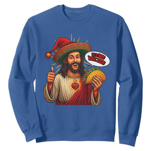 Funny Jesus Taco Mexican Sweatshirt Let Us Taco About Jesus TS14 Royal Blue Print Your Wear