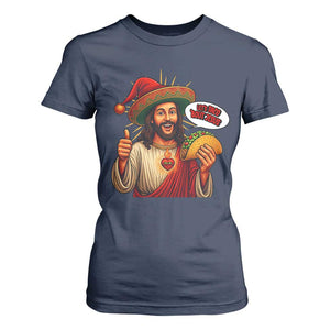 Funny Jesus Taco Mexican T Shirt For Women Let Us Taco About Jesus TS14 Navy Print Your Wear