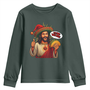 Funny Jesus Taco Mexican Youth Sweatshirt Let Us Taco About Jesus TS14 Dark Forest Green Print Your Wear