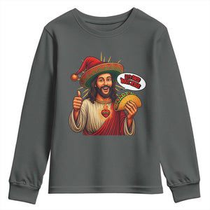 Funny Jesus Taco Mexican Youth Sweatshirt Let Us Taco About Jesus TS14 Dark Heather Print Your Wear