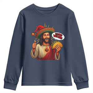 Funny Jesus Taco Mexican Youth Sweatshirt Let Us Taco About Jesus TS14 Navy Print Your Wear