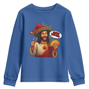 Funny Jesus Taco Mexican Youth Sweatshirt Let Us Taco About Jesus TS14 Royal Blue Print Your Wear