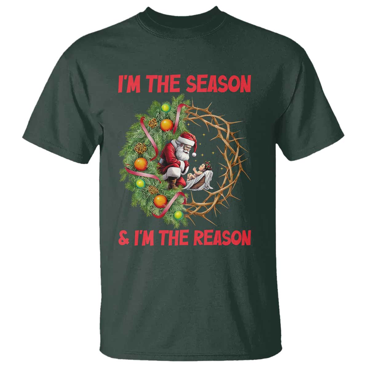 Santa Christmas T Shirt Baby Jesus Christian Xmas TS14 Dark Forest Green Print Your Wear