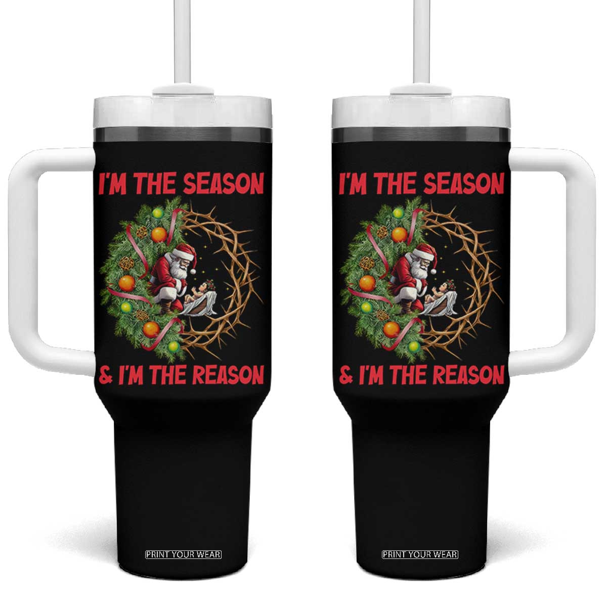 Santa Christmas Tumbler With Handle Baby Jesus Christian Xmas TS14 One Size: 40 oz Black Print Your Wear