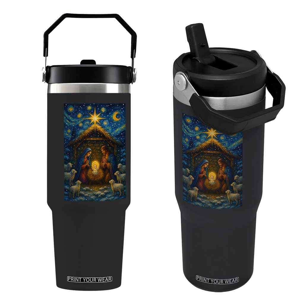 Jesus Christmas Flip Straw Tumbler Starry Night Nativity Scene Xmas TS14 One Size: 30 oz Black Print Your Wear