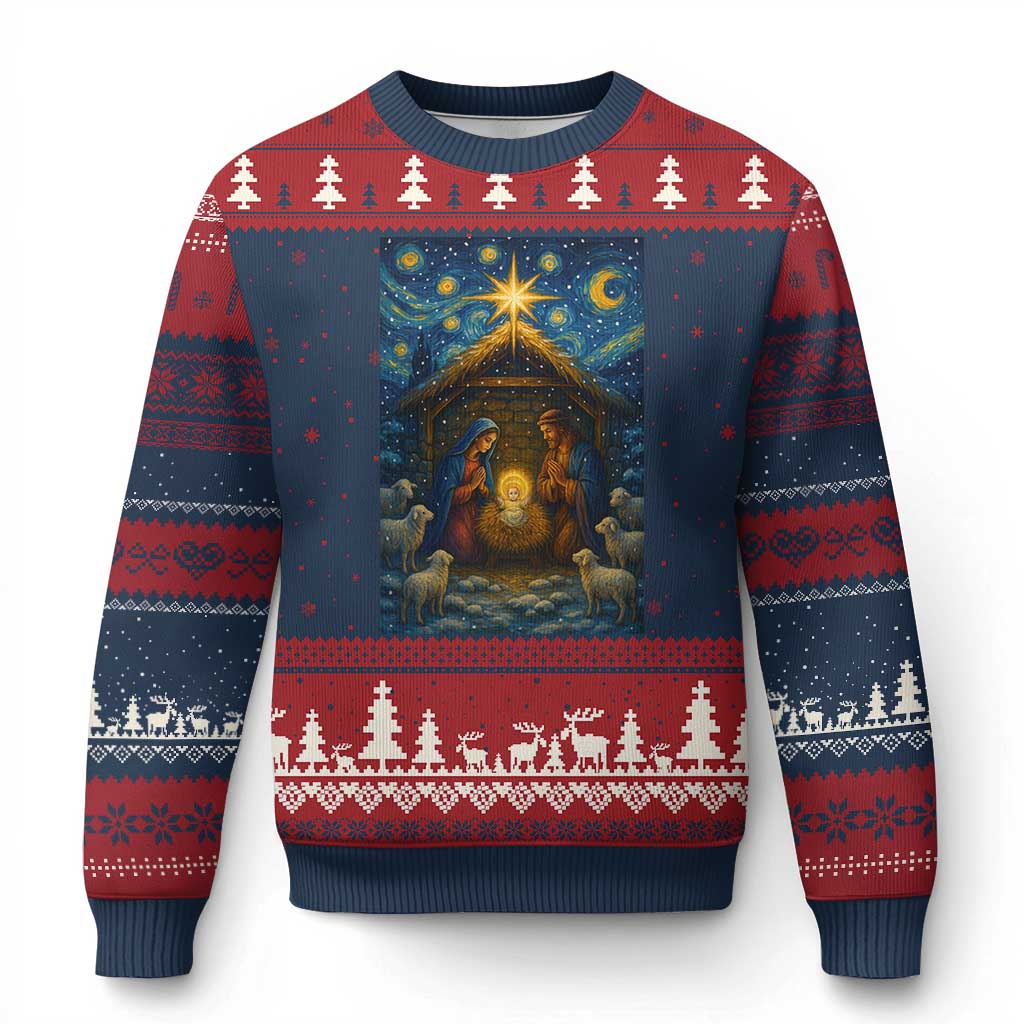 Jesus Xmas Ugly Christmas Sweater Starry Night Nativity Scene Xmas TS14 Navy Red Print Your Wear