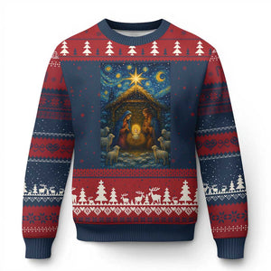 Jesus Xmas Ugly Christmas Sweater Starry Night Nativity Scene Xmas TS14 Navy Red Print Your Wear