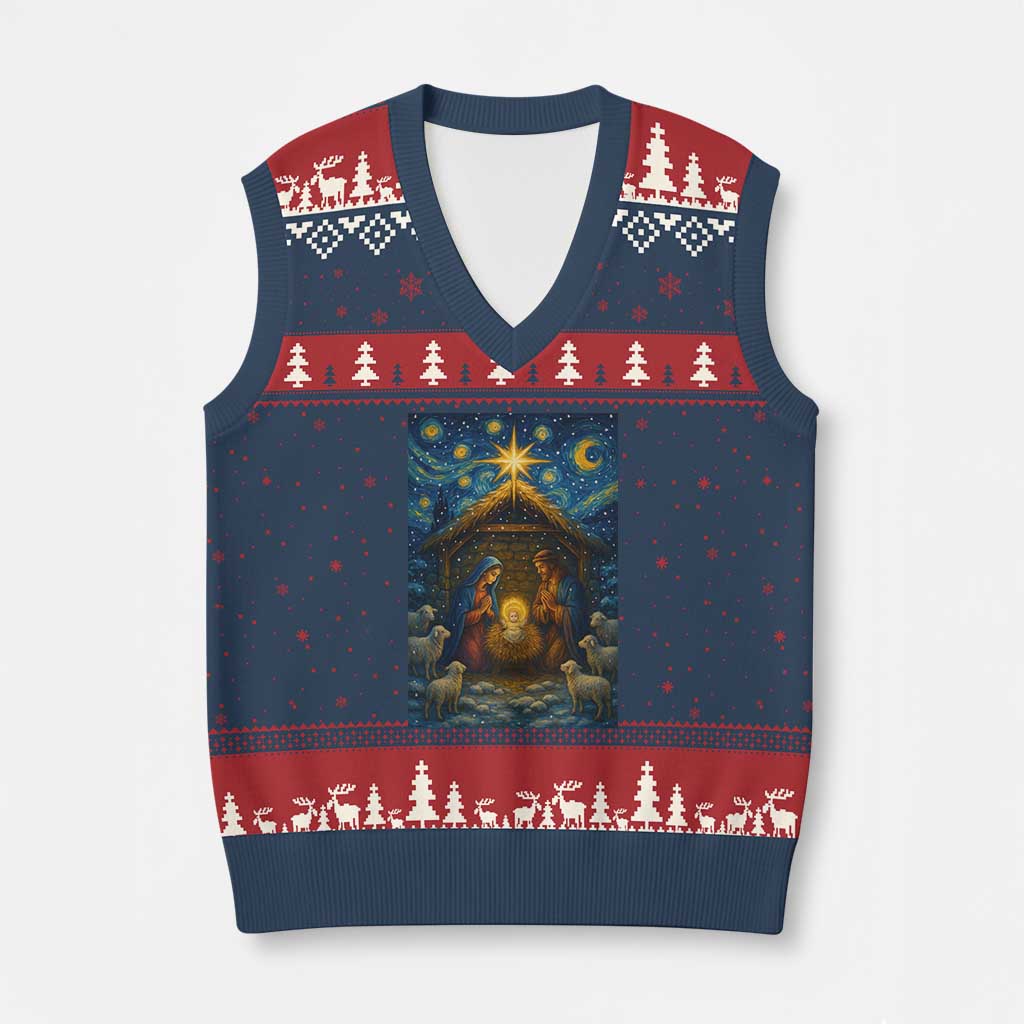 Jesus Xmas V-Neck Knit Sweater Vest Starry Night Nativity Scene Xmas TS14 Navy Red Print Your Wear